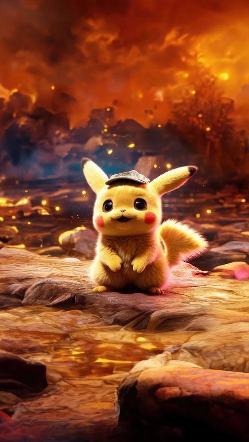 Pikachu wearing a hat in a fiery landscape