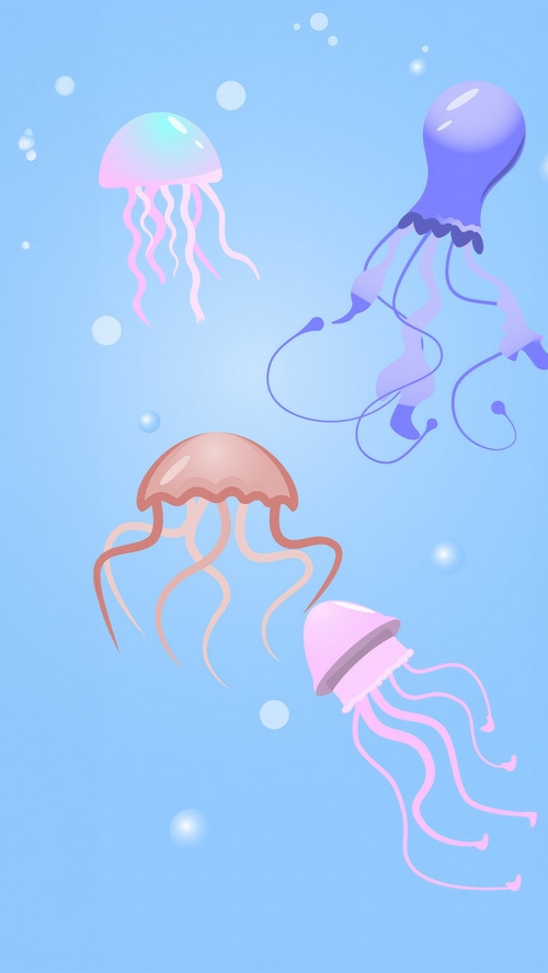 Minimalist digital art of three jellyfish underwater