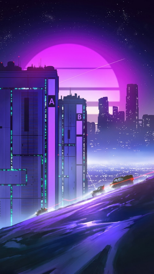 Synthwave cityscape with cars and a large sun