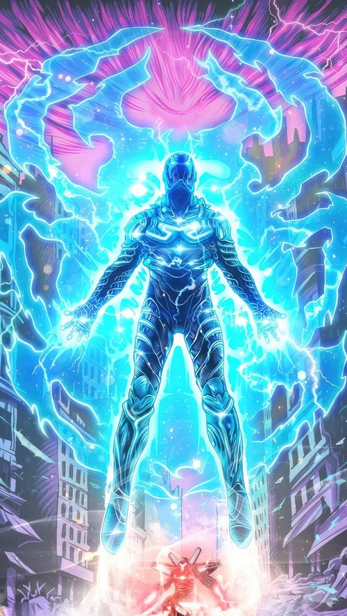 Blue Beetle surrounded by blue energy in a city