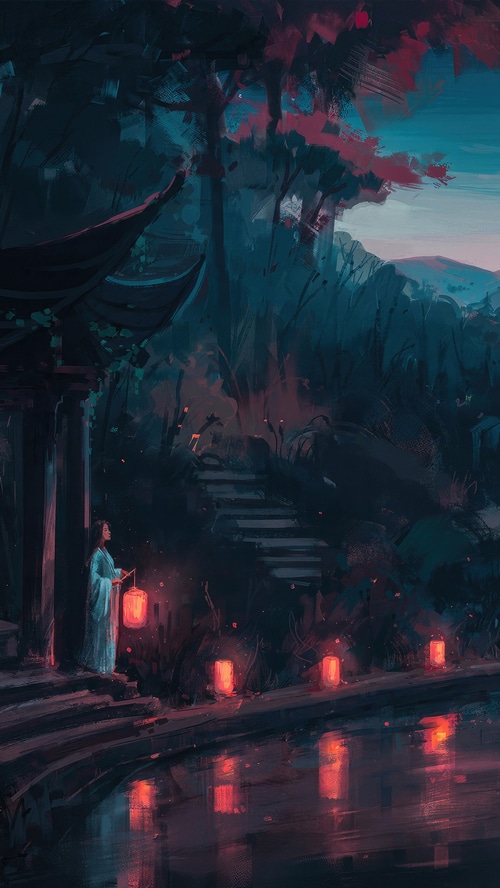A woman holding a lantern in a dark garden