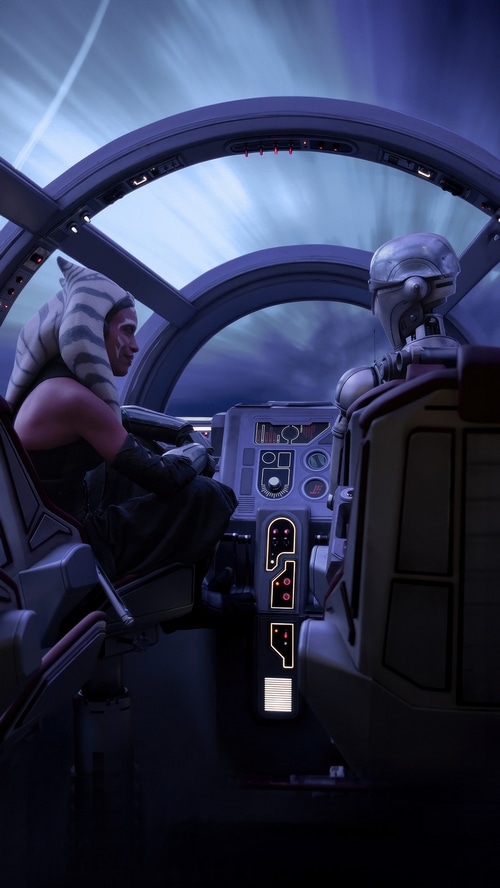 Ahsoka Tano and Huyang in a spaceship cockpit