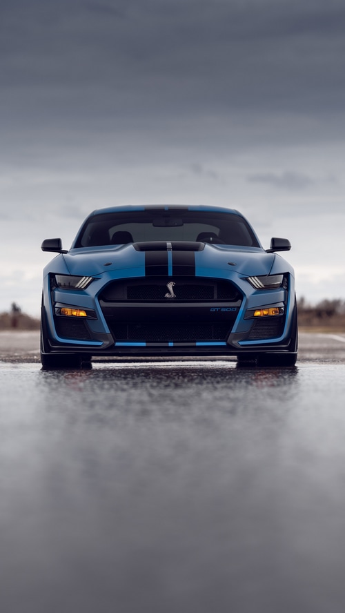 Blue Ford Mustang Shelby GT500 on wet road