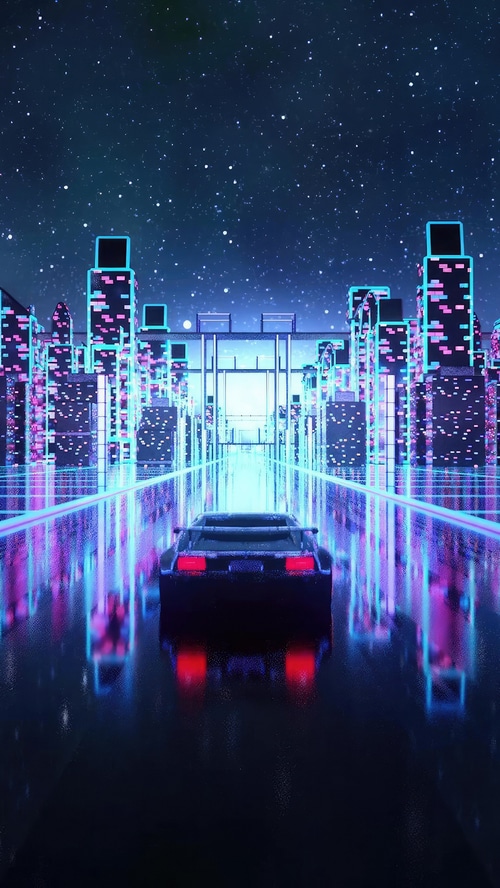 Synthwave car driving through a neon city at night