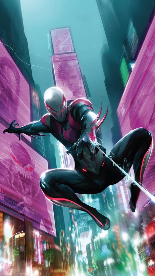 Spider-Man 2099 swings through a futuristic city