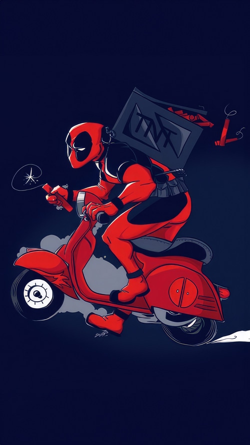 Deadpool riding a scooter with TNT