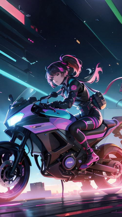 Anime girl riding a futuristic motorcycle in a neon city