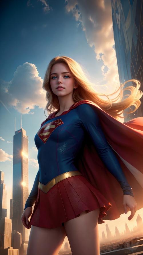 Supergirl standing in a city with skyscrapers
