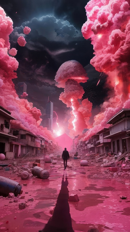 Oppenheimer's Pink Apocalypse in a Ruined City