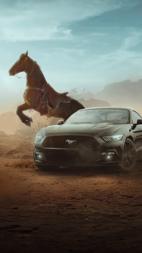 Ford Mustang and a horse in a desert