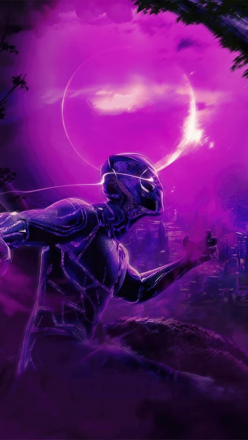 Black Panther in a purple, futuristic city