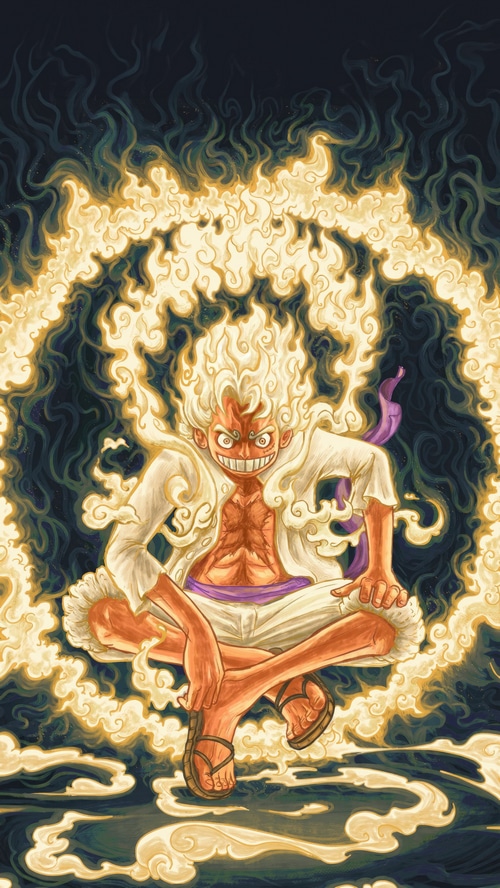 Monkey D. Luffy in Gear 5 surrounded by flames