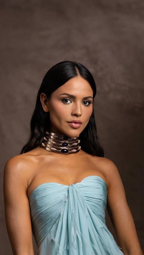 Eiza Gonzalez in a light blue strapless dress and choker