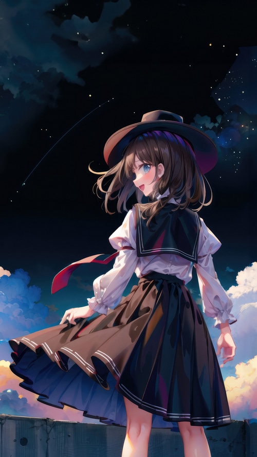 Anime girl in a hat looking at the night sky