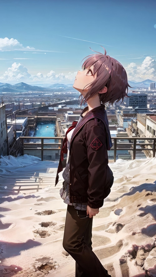 Anime girl looking up at the sky over a city