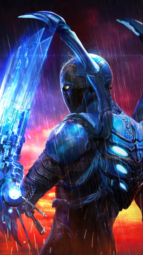 Blue Beetle with energy sword in rain