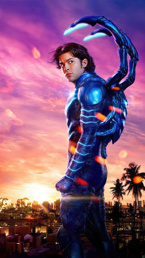Blue Beetle in a blue suit with a scorpion tail