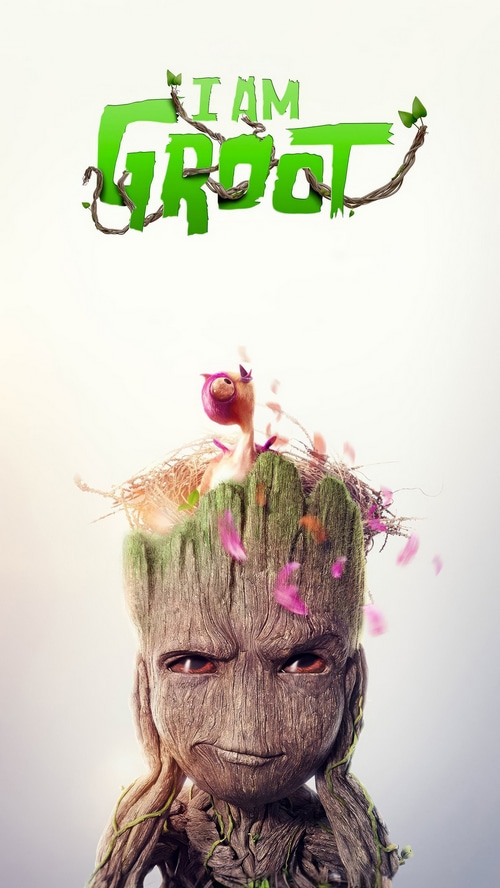 I Am Groot with a baby bird