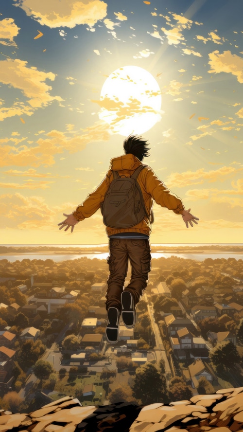 Man with backpack flying over a town at sunset