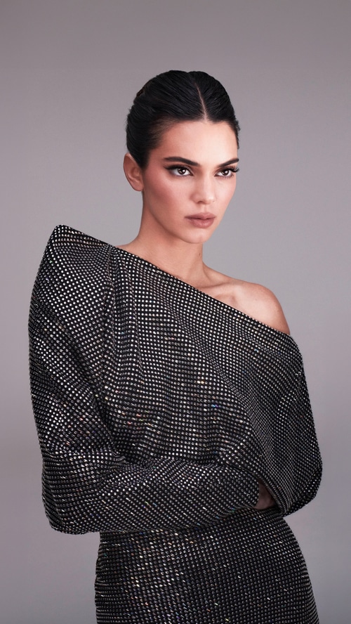 Kendall Jenner in a sparkling off-the-shoulder top