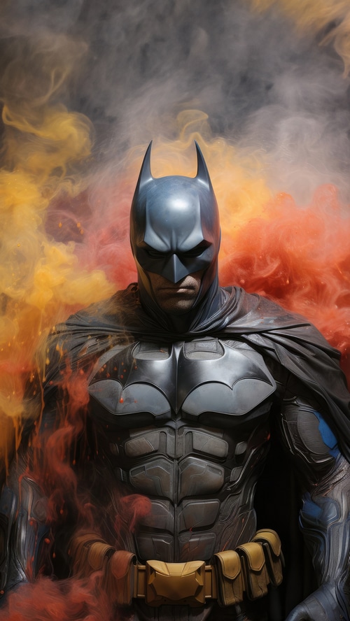 Batman in front of colorful smoke