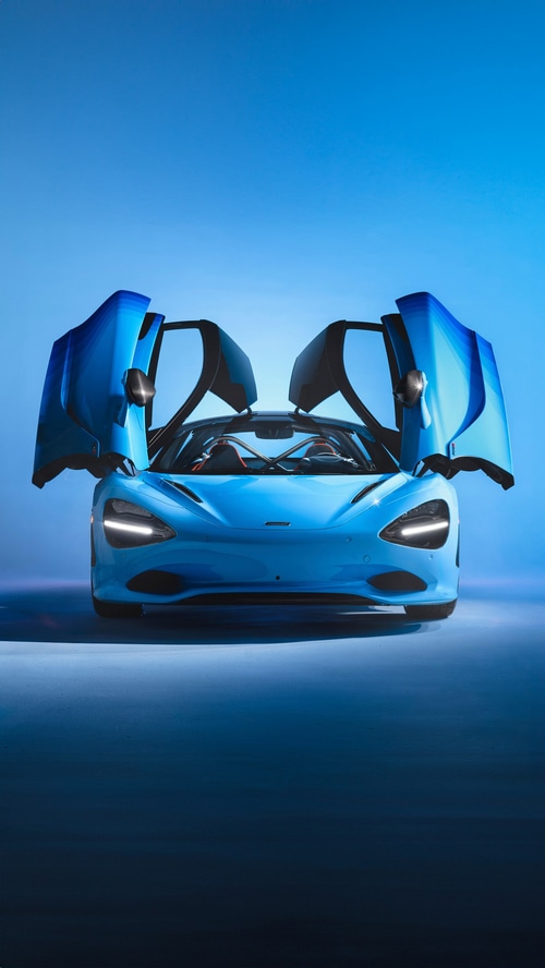 Blue McLaren 750S Coupe with Doors Open
