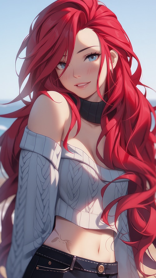 Anime girl with long red hair and blue eyes