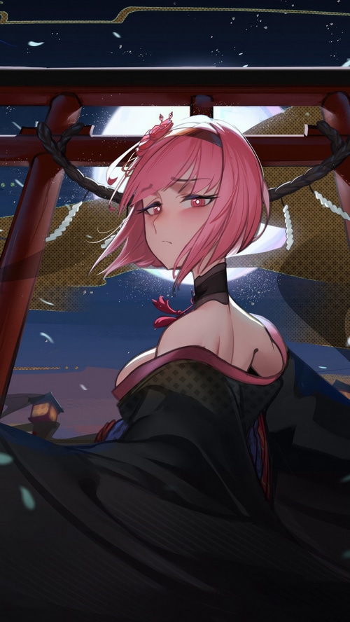 Anime girl with pink hair in kimono