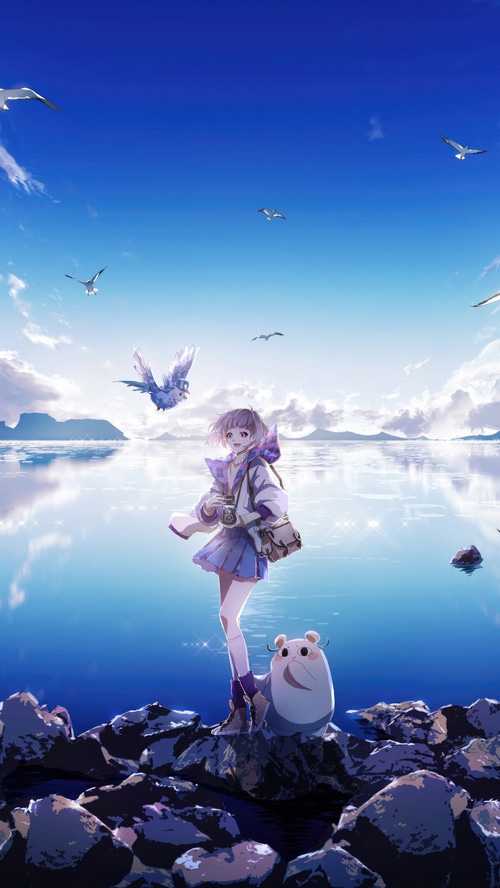 Anime girl with a camera and a creature by the sea