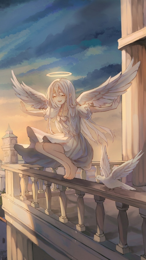 Anime girl with wings and halo on a balcony