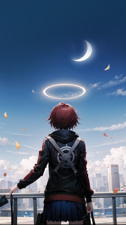 Anime girl with halo looking at the moon
