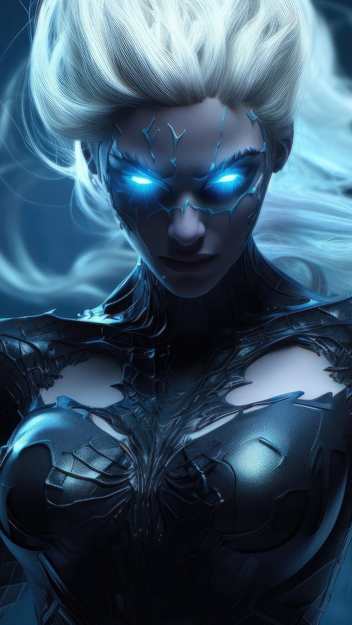 A woman with glowing blue eyes and white hair