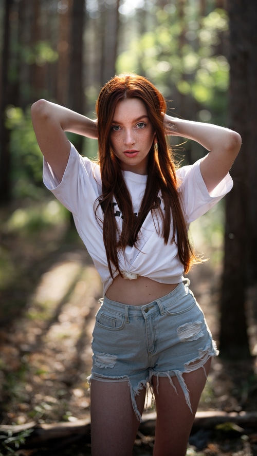 Redhead model in ripped denim shorts and white t-shirt