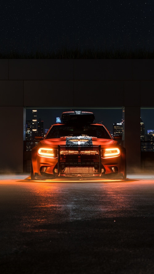 Dodge Challenger with Bull Bar and Roof Box 4K
