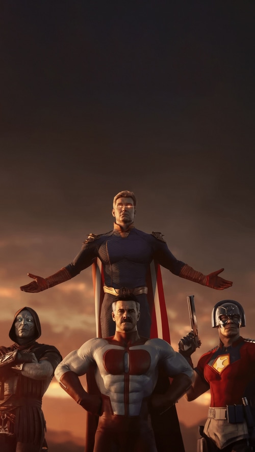 Omni-Man, Homelander, and Peacemaker stand together