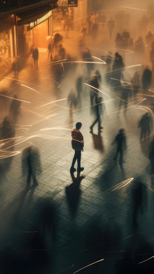 A lone figure stands amidst a blurred crowd