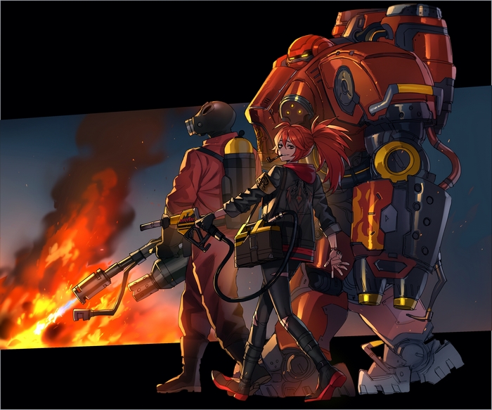 Team Fortress 2 Pyro and Starcraft Mech with Girl