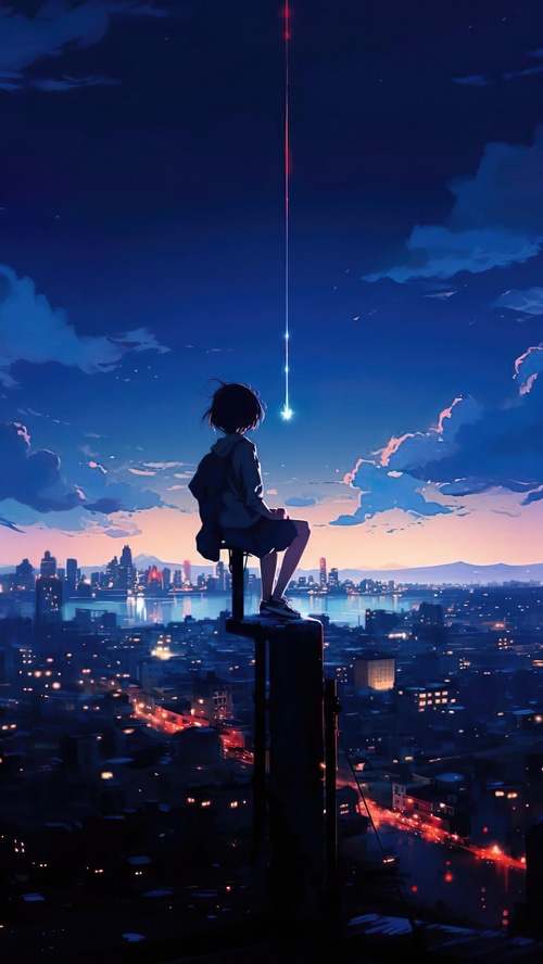 Anime girl sitting on a tower overlooking a city at night