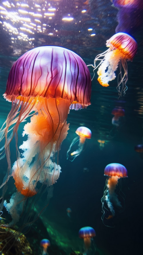Underwater photography of colorful jellyfish