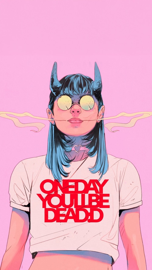 Artwork of a girl with blue hair and horns
