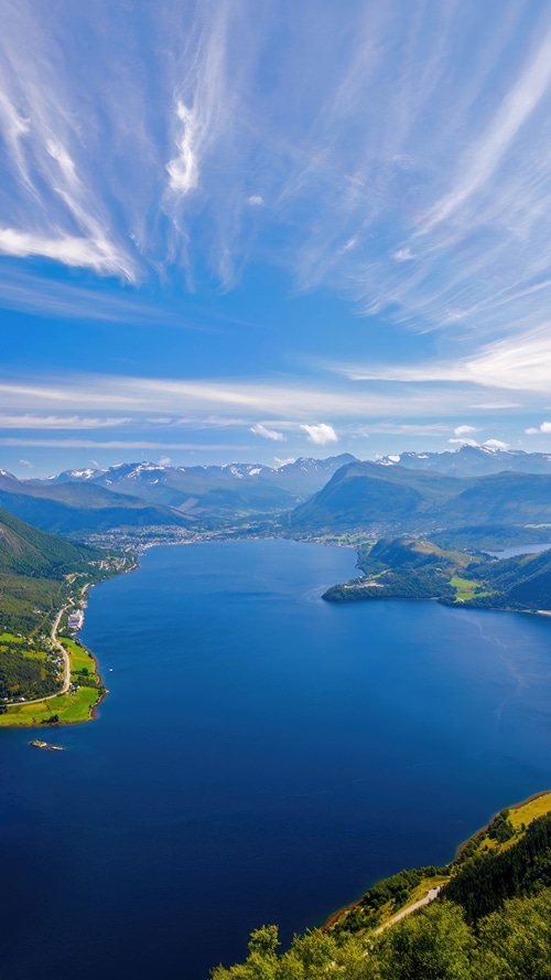 Norway fjord with mountains and blue sky