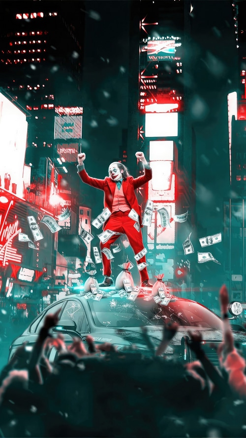 Joker standing on a car with money falling