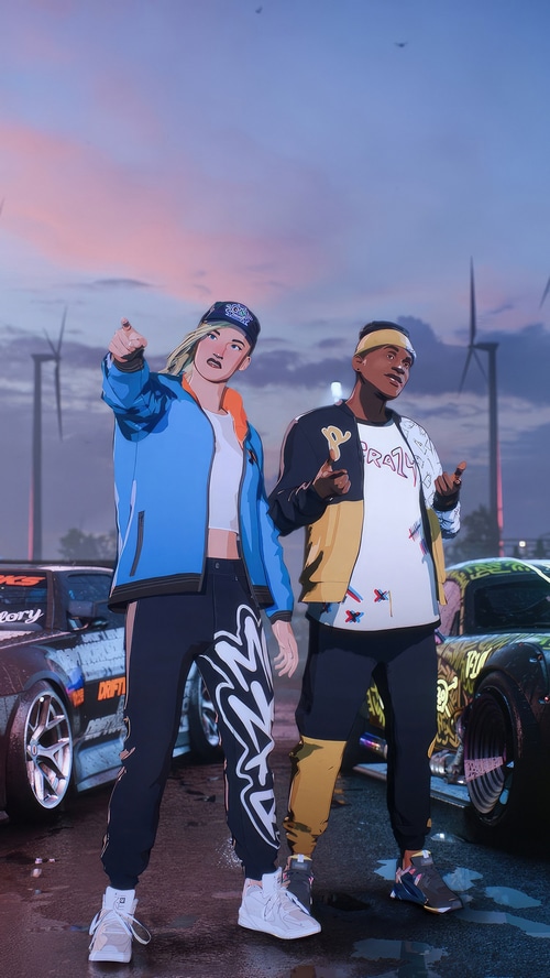 Need for Speed Unbound characters with cars and wind turbines