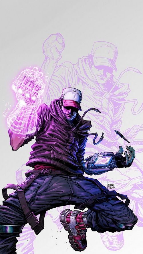 Artwork of a man with a glowing gauntlet
