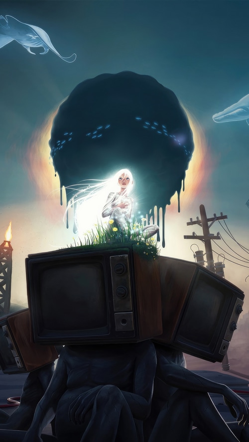 Girl with white hair on TVs with a dark orb