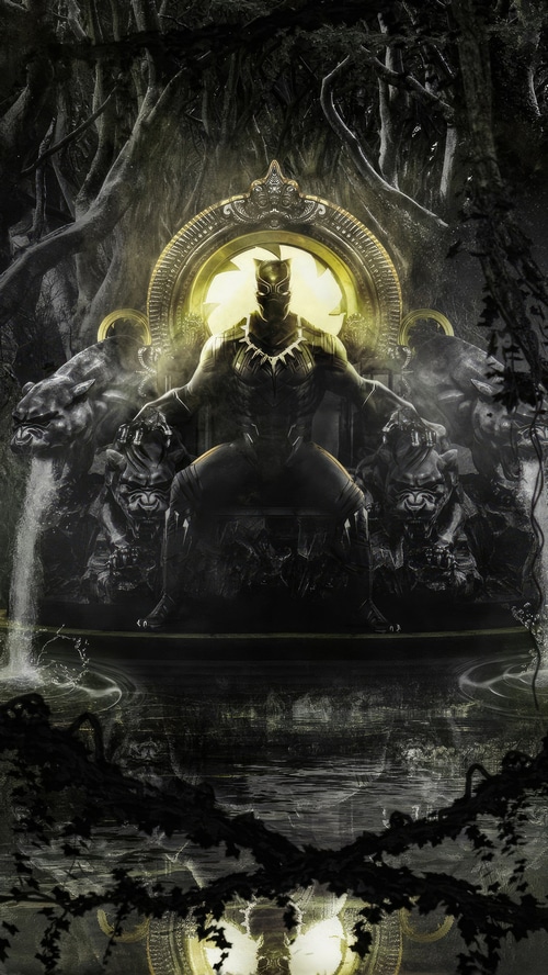 Black Panther Sitting on a Throne in a Dark Forest