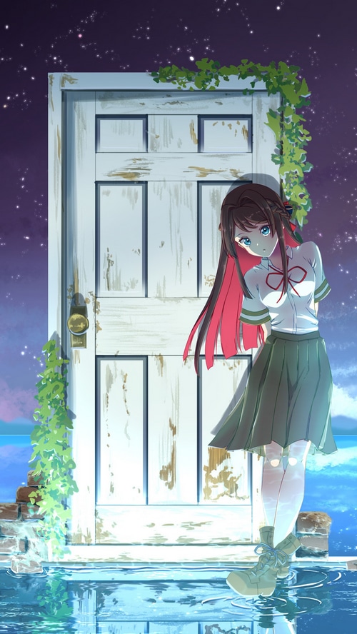 Anime girl by a weathered door under starry sky