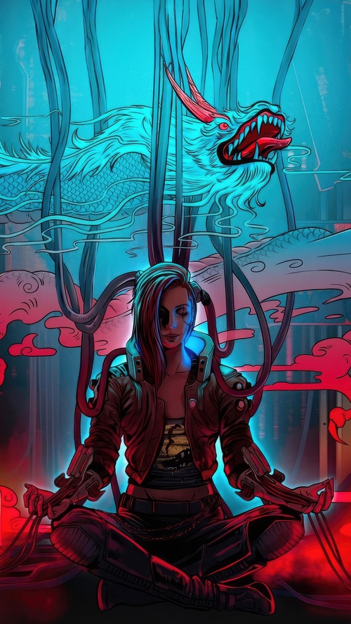 Cyberpunk 2077 Woman Meditating with Dragon