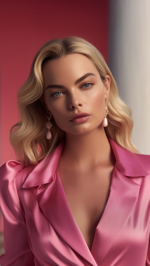 Margot Robbie as Barbie in a pink satin outfit