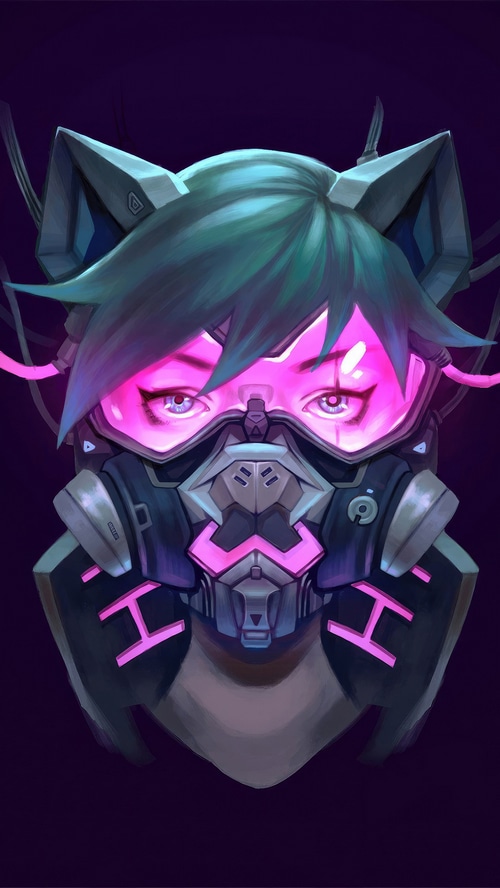 Cyberpunk character with cat ears and gas mask